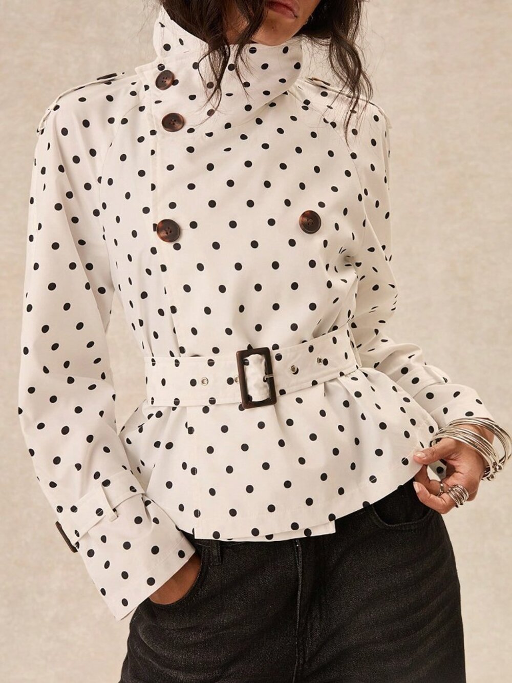 White Casual Women's High Neck Waist-Cinching Polka Dot Trench Coat